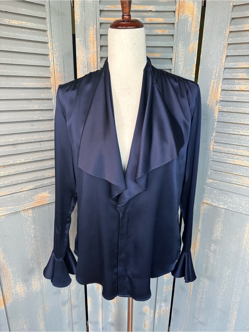 Ralph Lauren Vintage Silk Ruffled Blouse Icon Navy Sz 8 - Picture 13 of 15